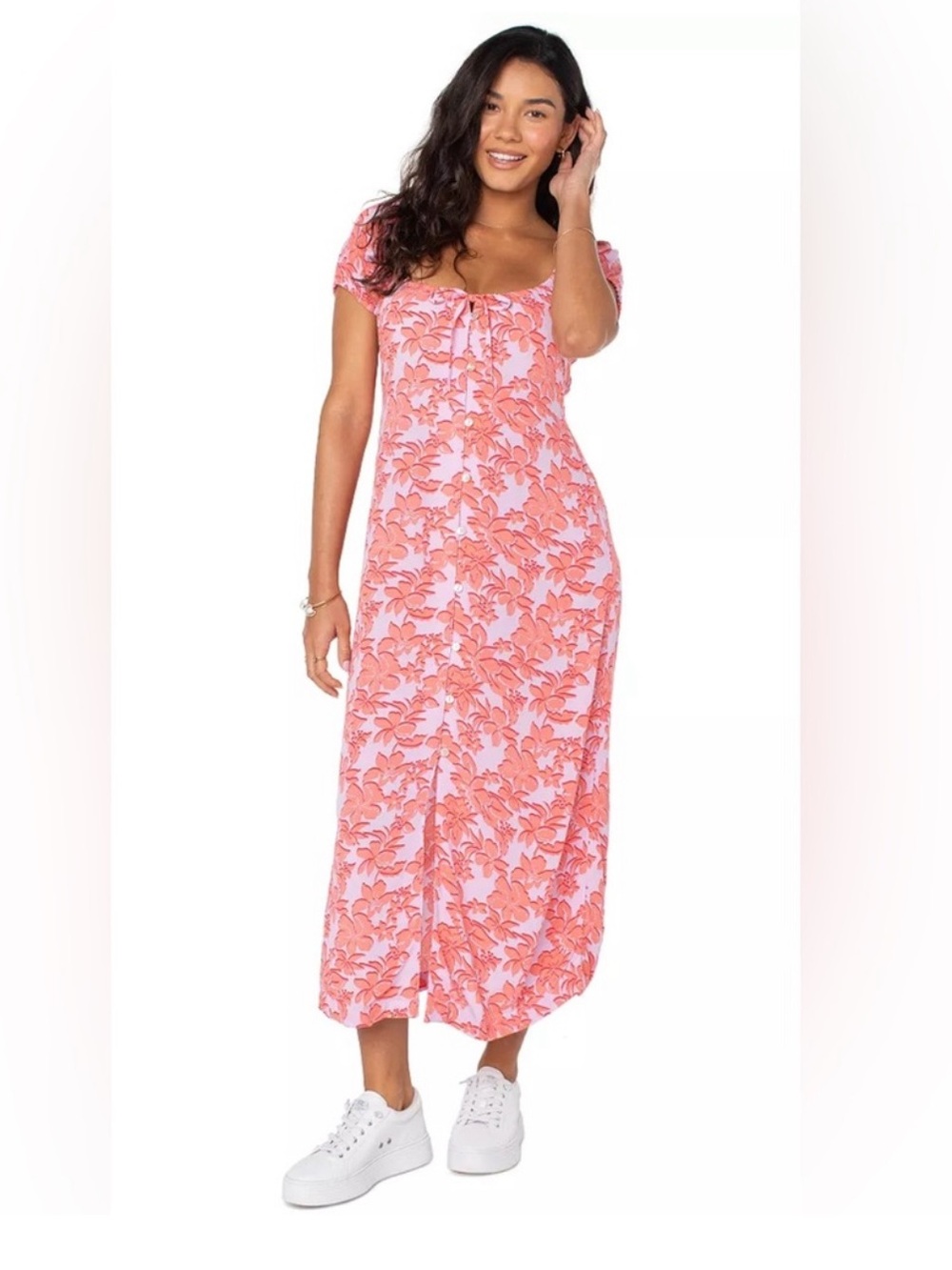 Roxy Women's Shelley Coast Floral-Print Tie-Front Midi Dress Size XS New NWT
